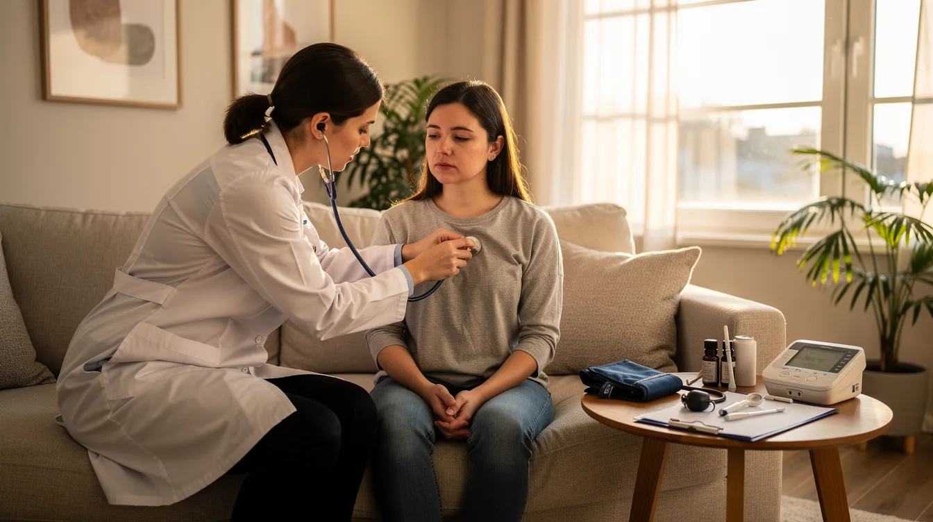 A doctor is providing professional medical care to a patient seated on a couch in a well-lit living room, with medical instruments placed on a side table, exemplifying a home doctor service that prioritizes patient-centered care. This setting reflects the convenience of a doctor on call, ensuring high-quality medical attention in the comfort of home.