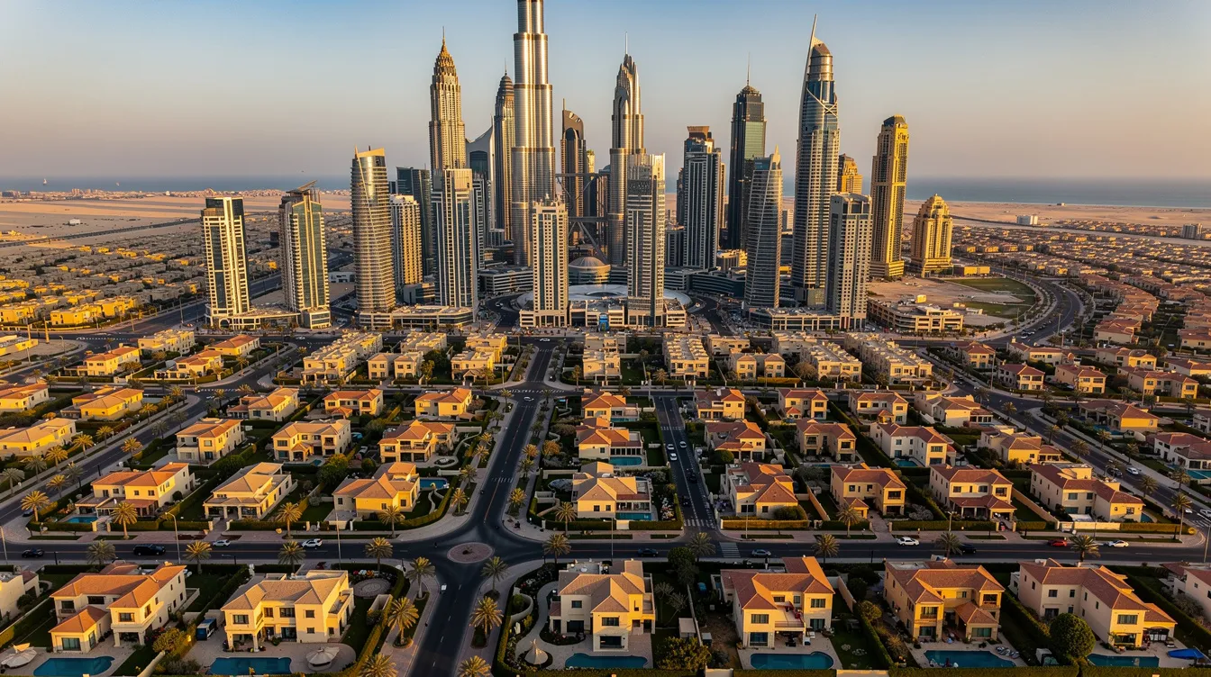 An aerial view of Dubai's cityscape showcases a vibrant mix of high-rise buildings and residential villa communities, highlighting the dynamic urban landscape. This bustling metropolis is home to various healthcare services, including professional medical care and doctor on call options, ensuring residents have access to quality medical attention whenever needed.
