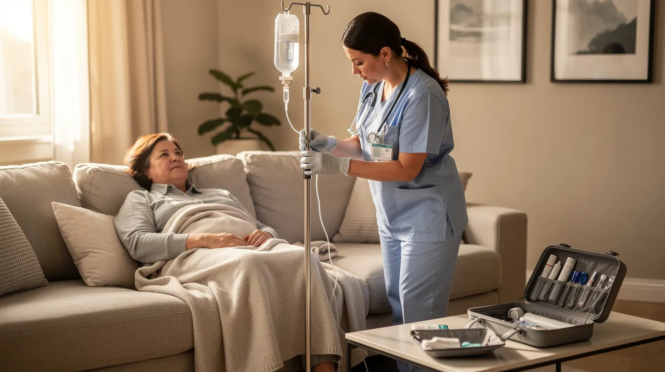 A medical professional is setting up an IV drip for a patient who is resting comfortably on a sofa at home, showcasing the convenience of home doctor services and personalized care. This scene highlights the importance of professional medical care and effective treatment in a relaxed environment.