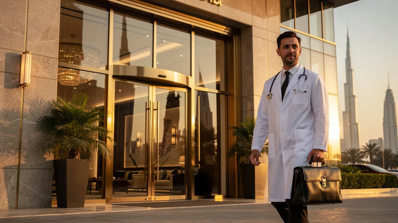 A qualified doctor with a medical bag is arriving at the entrance of a modern apartment building in Dubai, ready to provide professional medical care through a home visit service. This doctor on call is prepared to address urgent health concerns and deliver personalized treatment to patients in the comfort of their homes.