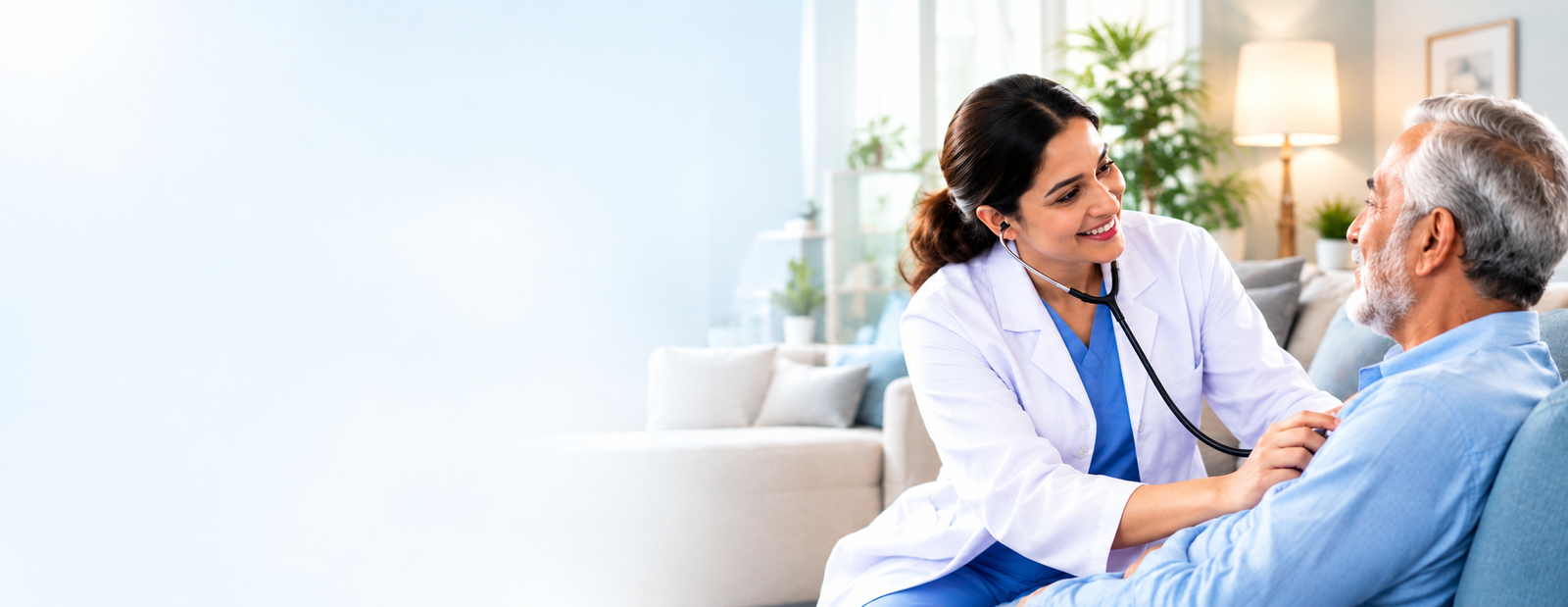 Smiling doctor examining a patient at home with the Dubai skyline in the background