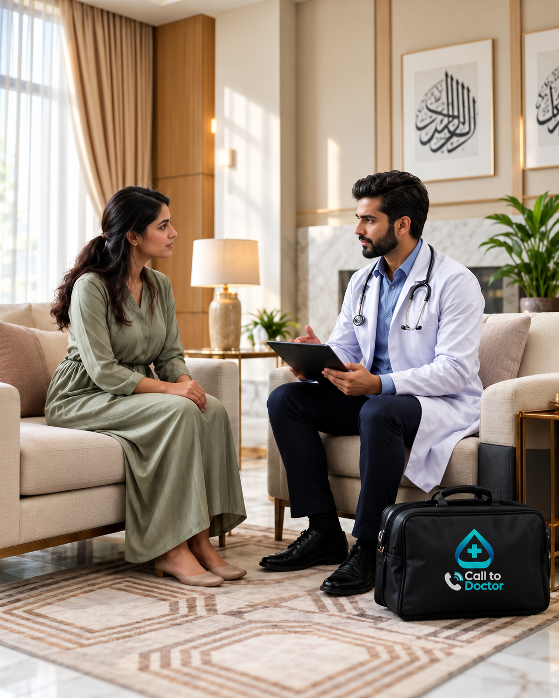 Doctor treating a patient in her living room